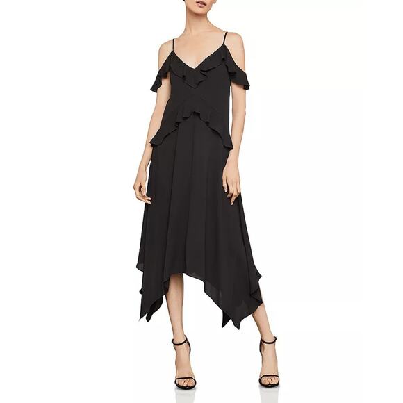 NWT BCBGMAXAZRIA Lissa Handkerchief-Hem Slip Midi Dress Black Size XS - Picture 1 of 11